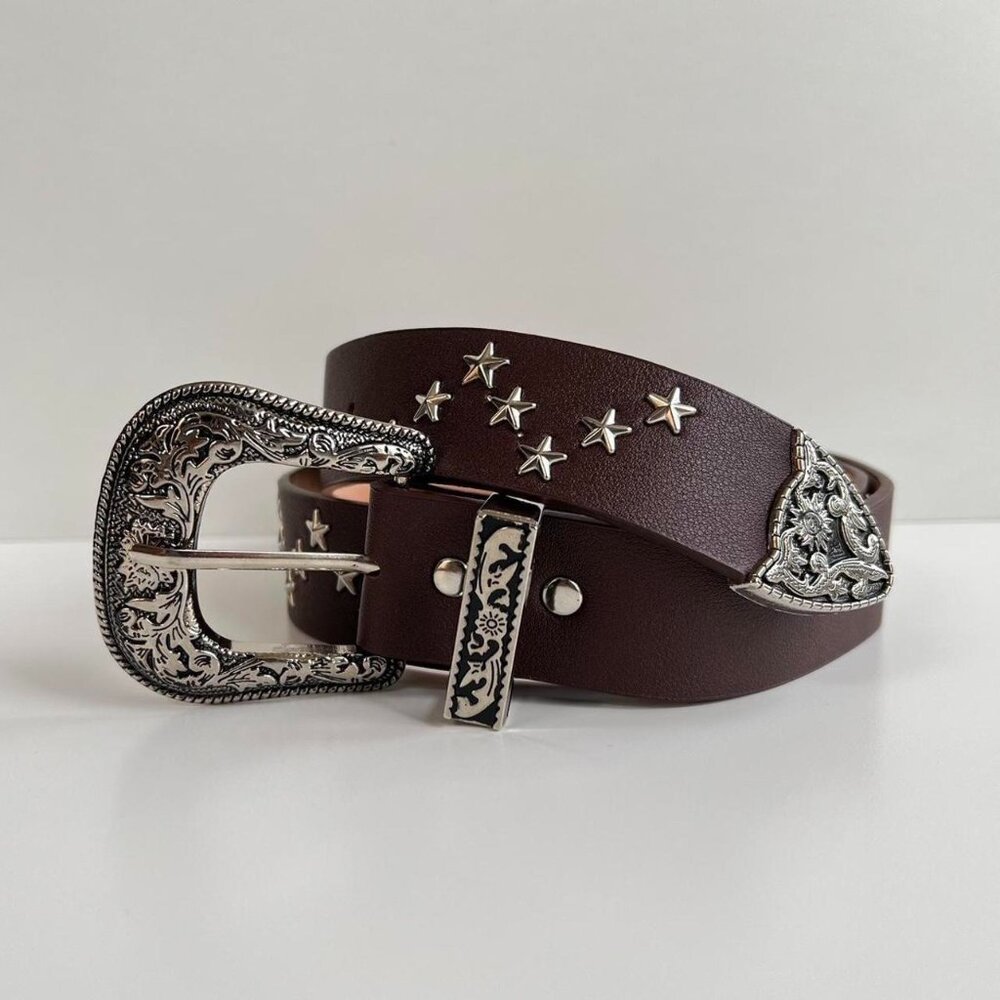 vintage brown american western cowboy boho star studded belt